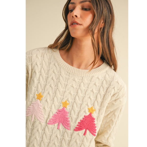 "The Cherish" Embroidery Trees Cable Knit Sweater - Picture 1 of 2